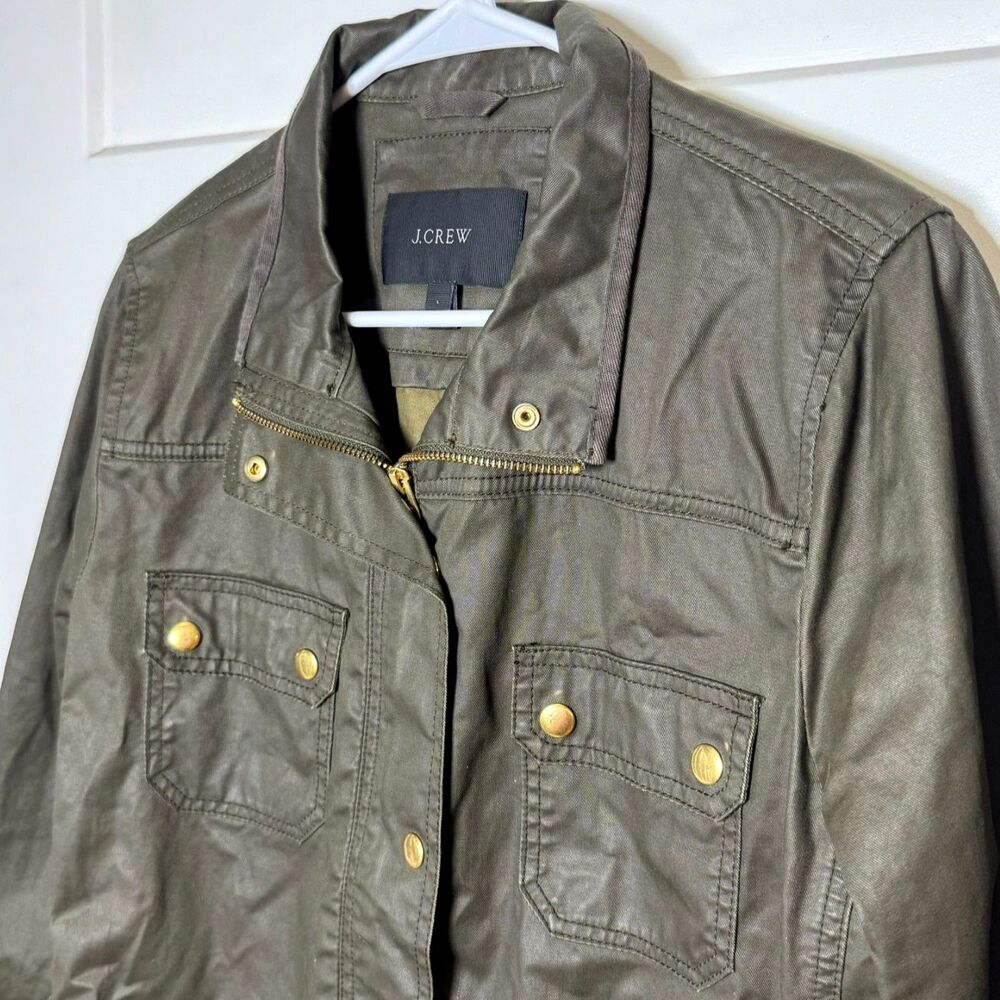 J Crew Womens L Olive Green Waxed Cotton Field Jacket Utility Military Coat Moto